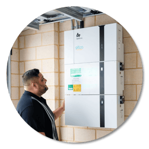 Man with battery on wall round