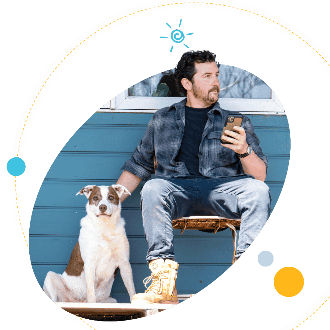Plico member with dog and phone in hand